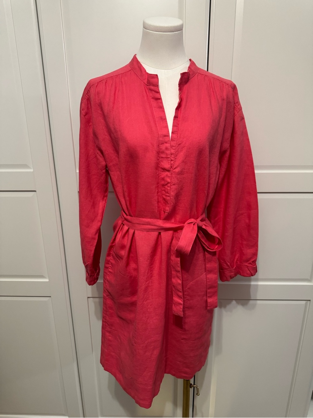 Garnet Hill Pink Linen V-Neck Three Quarter Sleeve Sash Tie Belt Shift Dress 6